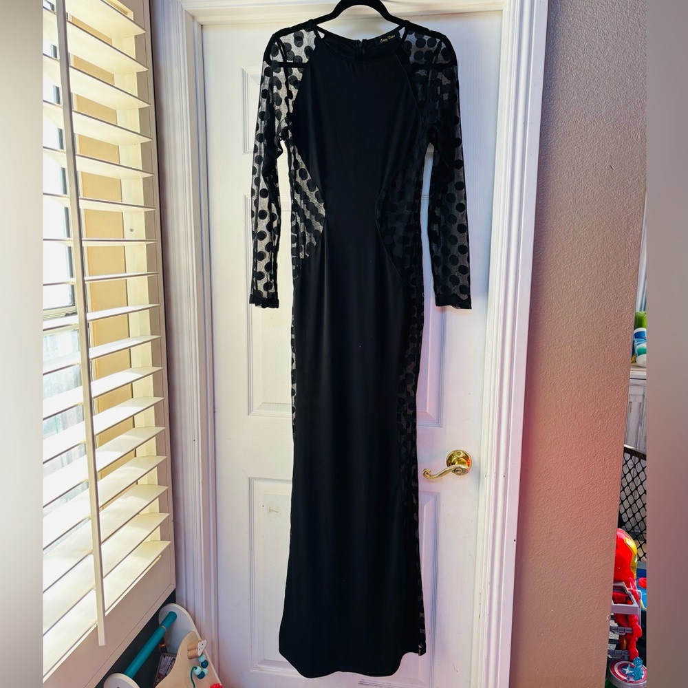 Elegant Black Long Sleeve Dress with Sheer Polka Dot Details